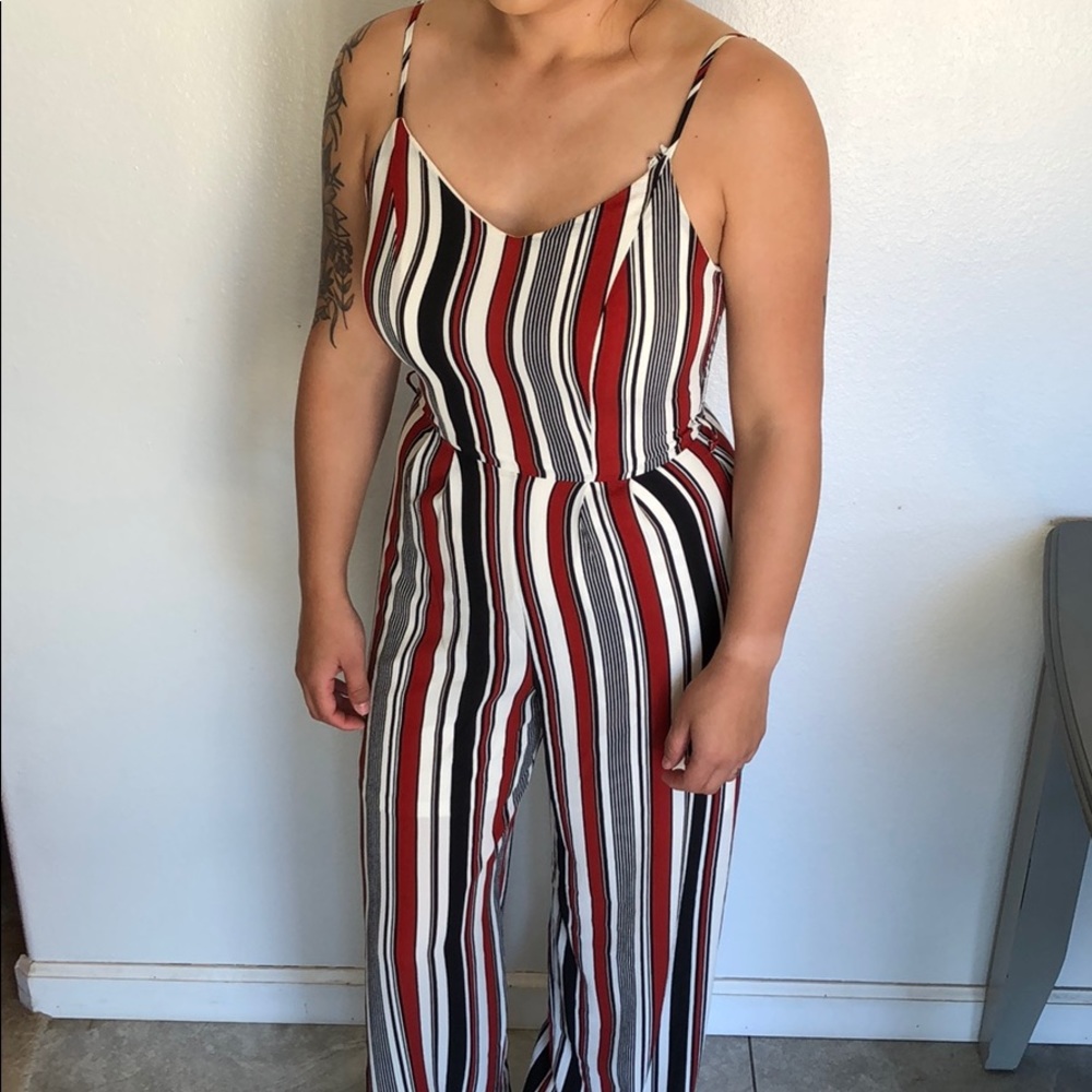 Red and black pin striped jumpsuit
